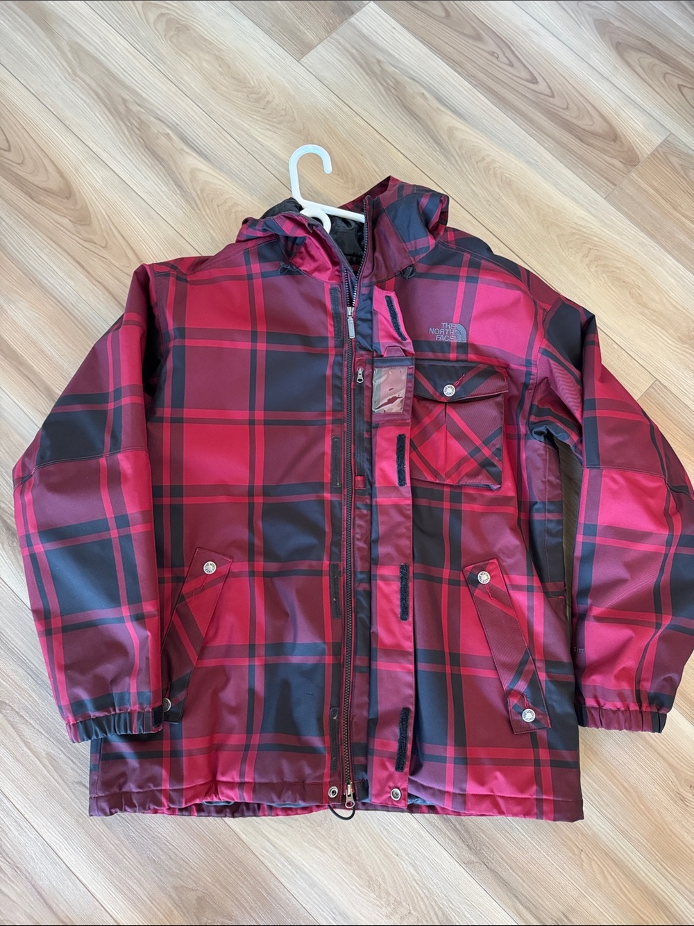 The North Face Men’s Red and Black Plaid Hooded Winter Coat